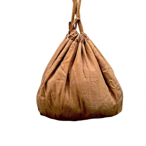 ZARA Brown Canvas Cotton Tote Bag Large 21x17 Adjustable Straps Boho Hobo Hippie - Picture 2 of 5